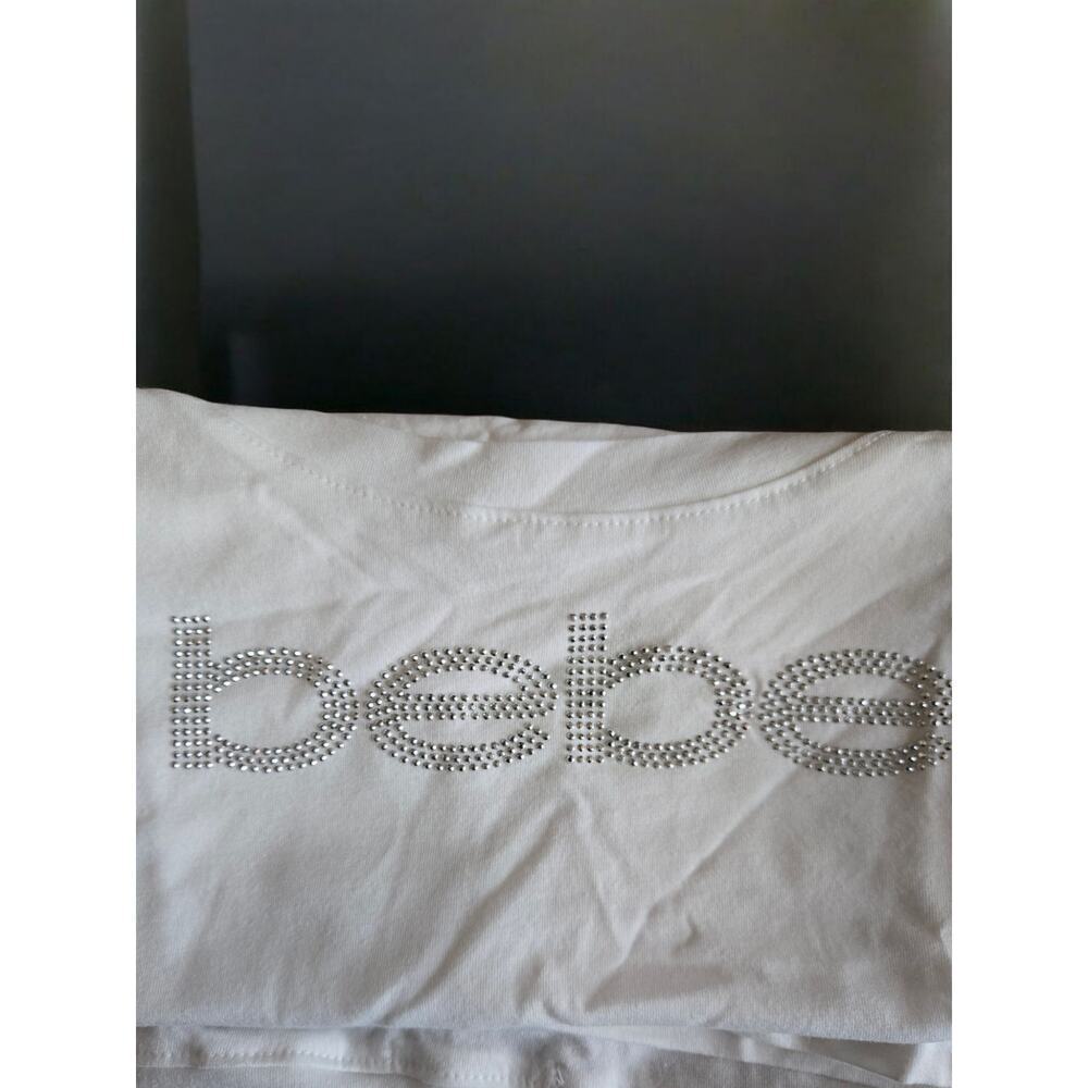 Bebe Y2K bling logo women's t-shirt white Size Large Bling Mcbling Scoopneck